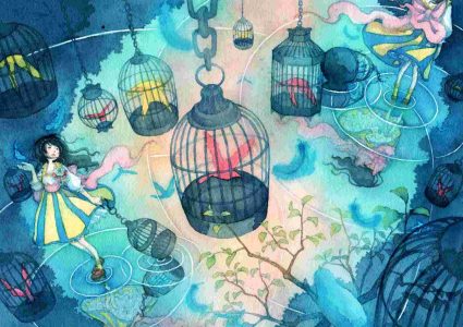 Клетка с синими птицами